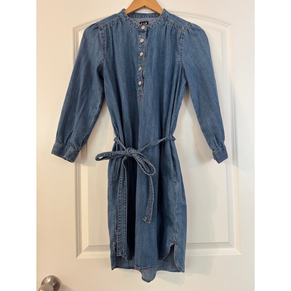 GAP Denim Popover Dress Long Sleeve Tie Waist Midi POCKETS Small